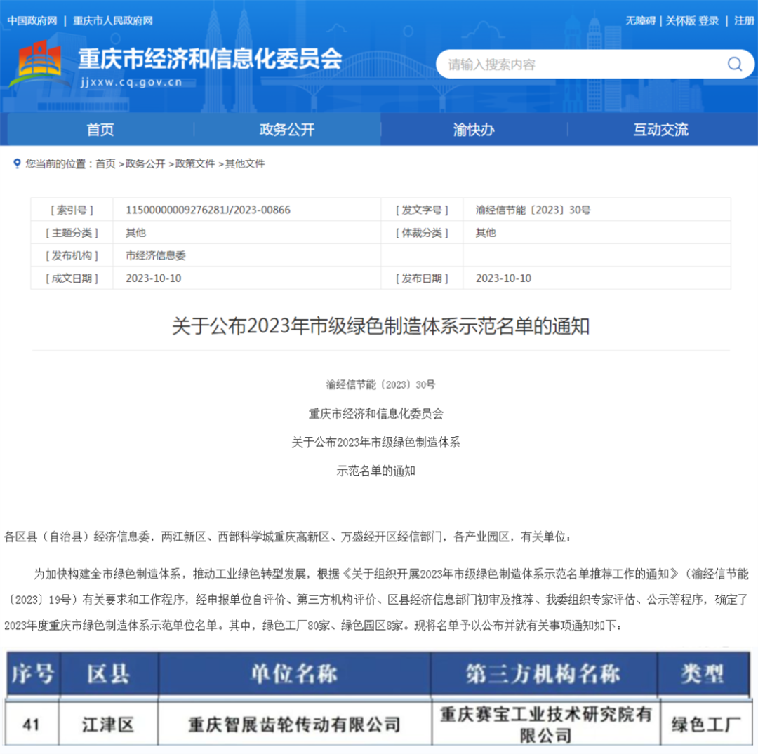 2023年市級綠色制造體系示范名單公布！重慶智展齒輪傳動有限公司獲評“重慶綠色工廠”